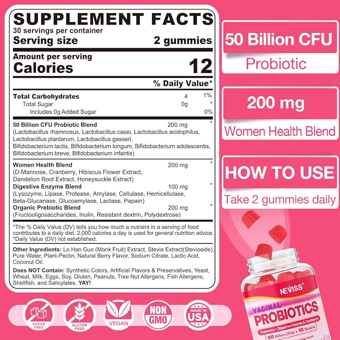 Vaginal Probiotics Gummies for Women PH Balance, Odor Control with Prebiotics, Cranberry, D-Mannose, Promotes Feminine Healthy Vaginal Flora, Urinary Tract, Yeast, Digestive Support, Sugar Free,60Cts