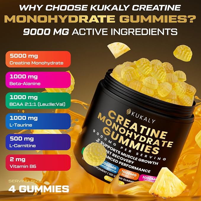 Creatine Monohydrate Gummies for Men & Women, 9000MG Creatine Gummies Sugar Free with L-Taurine, BCAA 2:1, B12 B6 for Boost Strength, Focus & Endurance, Vegan, Non-GMO, Pineapple, 120*2 Bottle