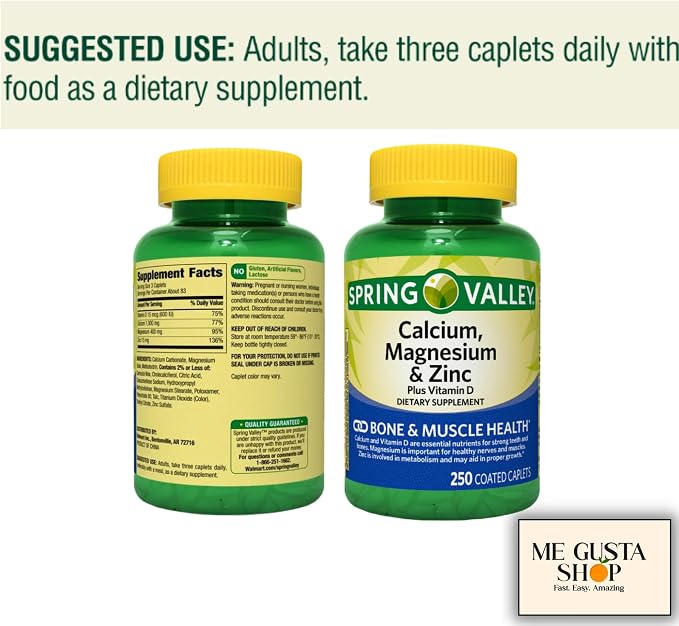 Spring Valley Calcium, Magnesium & Zinc Plus Vitamin D3 Coated Caplets, 250 Count (Pack of 2) 500count Total + me Gusta Sticker
