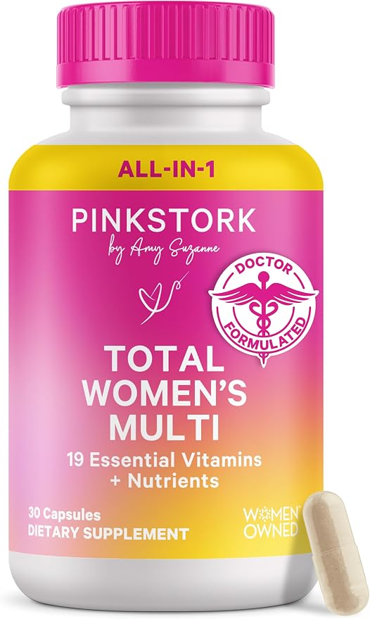 Pink Stork Total Women's Multivitamin - 19 Essential Vitamins for Women & Nutrients – Energy, Metabolism, Hormone, Immune & Mood Support – B6, B12, Biotin, Iron & Zinc – 30 Capsules