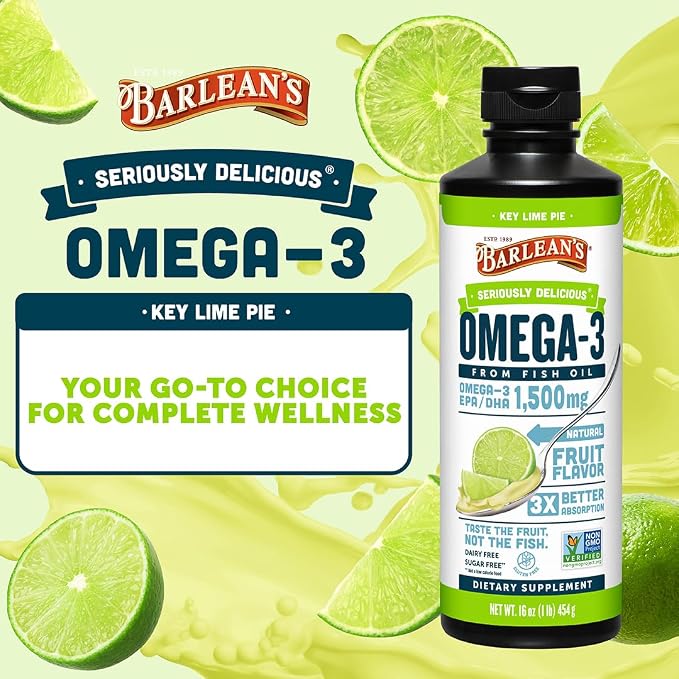 Barlean's Omega 3 Fish Oil Liquid Supplement for Men and Women, 1500mg of EPA and DHA Fatty Acid, Promotes Brain & Heart Health - Non-GMO, Key Lime Pie, 16 oz