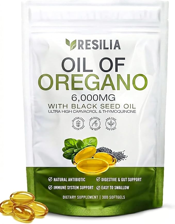Resilia Softgels with Black Seed Oil 6000mg – Organic Oregano Oil Capsules for Immune & Digestive Support – Non-GMO, Gluten-Free Softgels – Natural Herbal Wellness Supplement (300 Count)