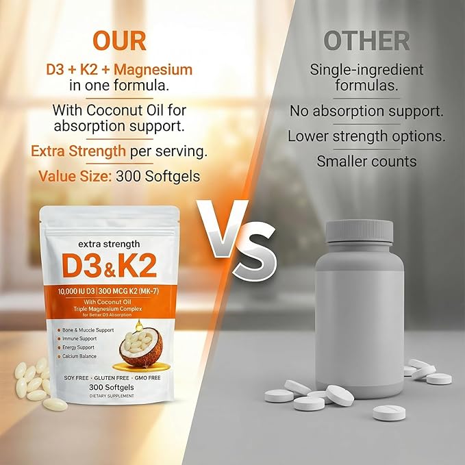 ELVERA Vitamin D3 K2 Magnesium Complex, Extra Strength D3 & K2 with Triple Magnesium Softgels, D3 K2 Vitamin 10000 IU Softgels(1)