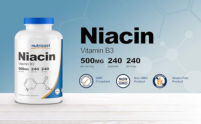 Nutricost Niacin (Vitamin B3) 500mg, 240 Capsules (3 Bottles) - Niacin Flush