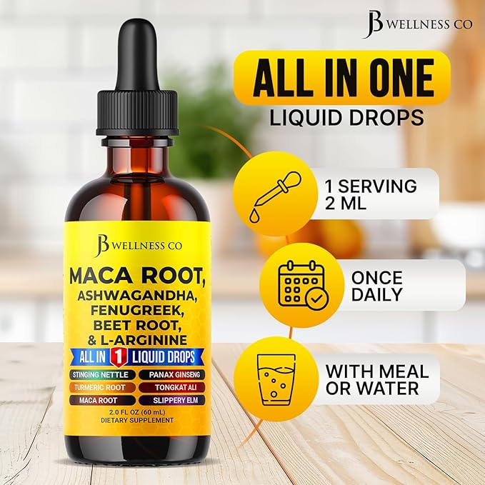Organic Maca Root Liquid Drops with Ashwagandha, Nettle, Fenugreek, Beet Root and L-Arginine Liquid Multivitamin for Women and Men - 2oz