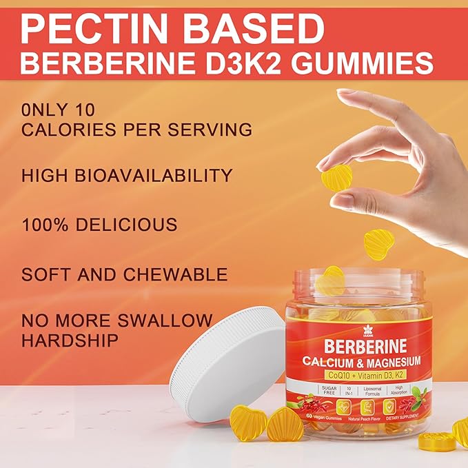 Berberine Gummies Sugar Free, Extra Absorption with Liposomal Berberine & Berberine HCI, Calcium, Magnesium, AMPK Activitor for Sugar & Level, Energy, Metabolism,Vegan, Pack of 1