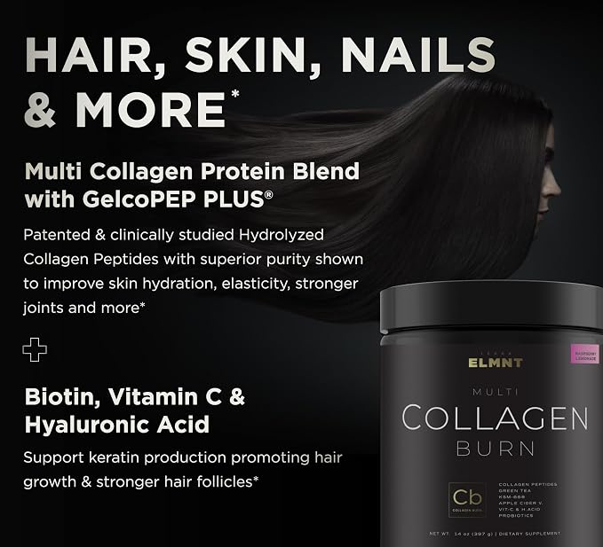 ELMNT Super Collagen Burn for Women w. Probiotics, Hyaluronic Acid, Apple C Vinegar, KSM66, Biotin+ Premium Colageno Multi Collagen Protein Powder for Weight Loss, Fat Burner, Hair, Skin+ (R-Lemonade)