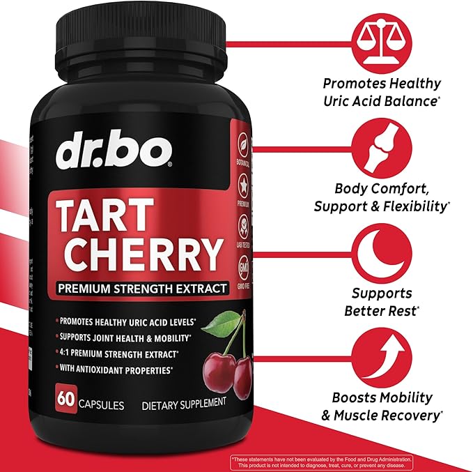 Tart Cherry Extract Capsules Supplement - Purge Uric Acid Flush Cleanse Antioxidant Pills for Rest Support - Tart Cherry Capsules Anthocyanin Supplements Ultra Pure Cherries Vitamins Concentrate Pill