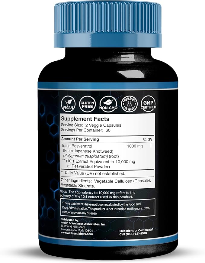 WELLNESS LABSRX Resveratrol Supplement 1000mg, 120 Capsules (60 Days Supply), Ultra-Strength High Purity Trans-Resveratrol for Healthy Aging, Anti-Aging and Heart Health Support - Vegan, Keto