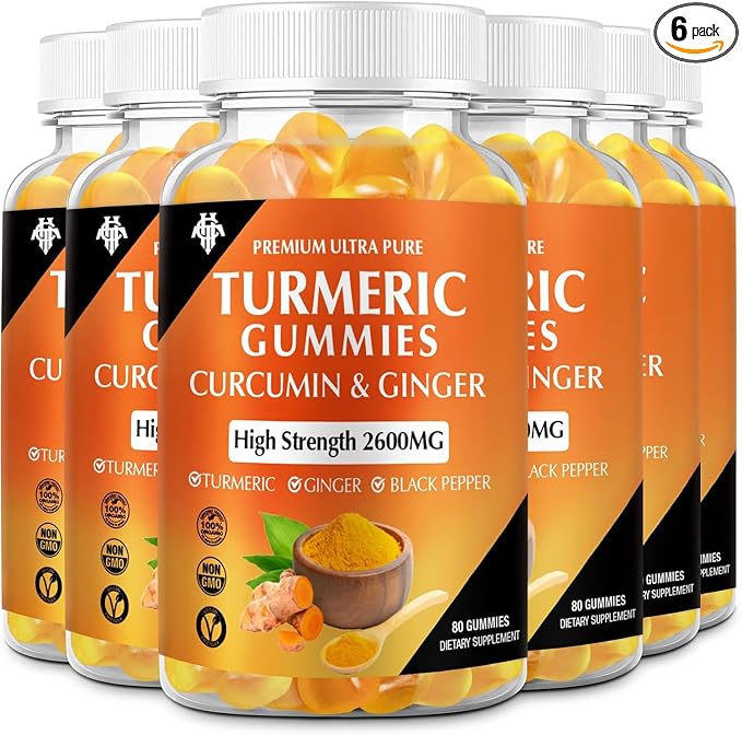 Turmeric Curcumin Gummies (6 Pack) - Turmeric Curcumin Supplements with Ginger & Black Pepper Gummies for Immune Muscle Support Healthy Skin - Vegan, Gluten Free, Low Sugar - for Adults