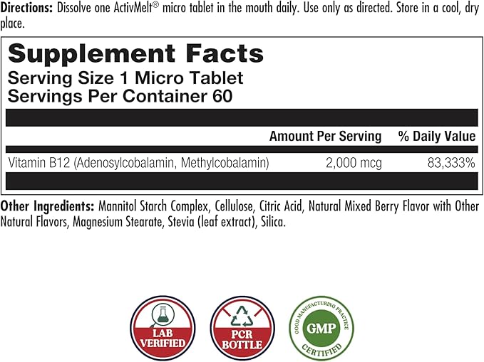 KAL Vitamin B12 Methylcobalamin and Adenosylcobalamin 2000 mcg ActivMelt, B12 Energy Supplements, Metabolism, Nerve, Red Blood Cell Support, High Absorption, Natural Berry, 60 Serv, 60 Micro Tablets