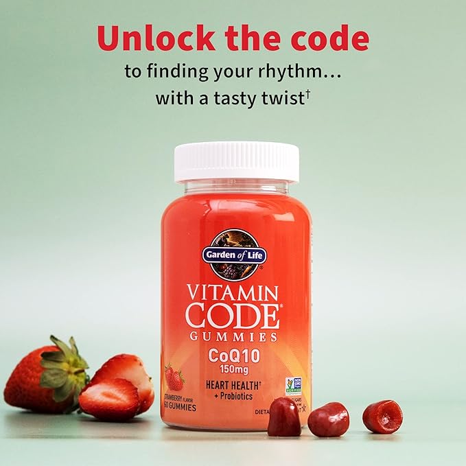 Garden of Life Vitamin Code CoQ10 Gummies 150 mg, Coenzyme Q10 for Heart Health, Energy Production & Healthy Aging + Prebiotics & Probiotics for Digestion, Non-GMO, Gluten-Free, 60 Strawberry Gummies