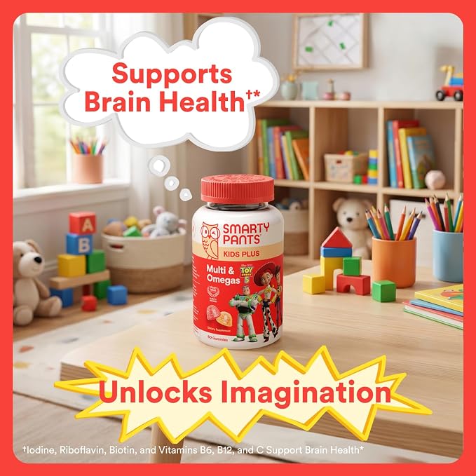 SmartyPants and Disney-Pixar’s Toy Story 5 Kids Multivitamin Gummies, Omega 3 DHA EPA, Vitamin D, C, B12, E, Zinc and Iodine, Clean Label, Gluten Free, Mixed Fruit Flavors, 30 Day Supply, 60 Gummies