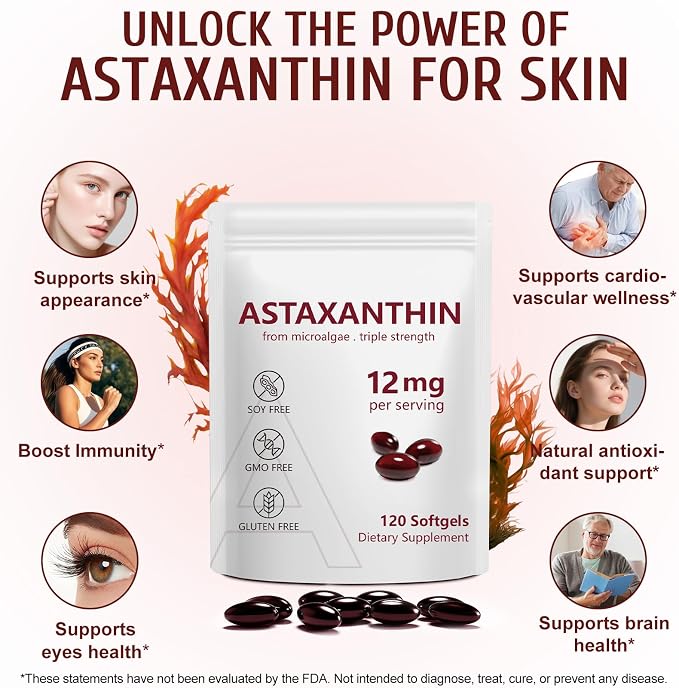 Astaxanthin 12mg, 120 Softgels, 4 Month Supply, Premium Astaxanthin Antioxidant Supplements with Antioxidant Activity, Supports Eye, Immune, Joint, Skin Health, Internal Circulation