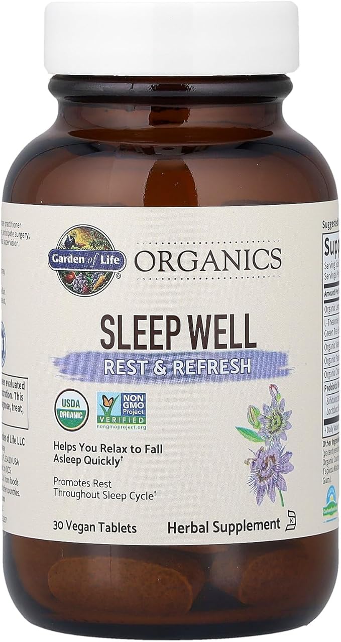 Garden of Life Organics Sleep Well Rest & Refresh Tablets with Lemon Balm, Green Tea Extract, Chamomile & Probiotics – Support for Restful Sleep & Relaxation, Non-GMO, Gluten-Free, Vegan, 30 Tablets