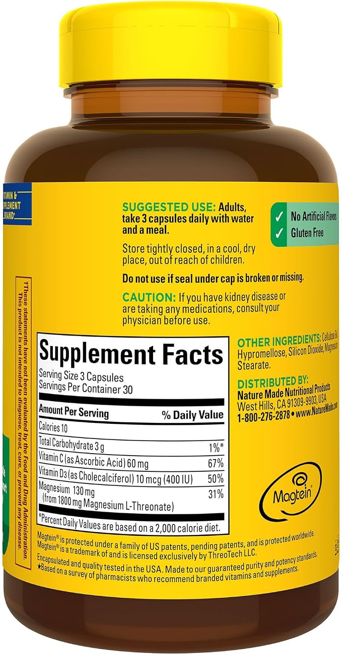 Nature Made Magnesium L-Threonate with Vitamin C & Vitamin D3, Provides 130 mg of Mag from 1800 mg Magnesium L Threonate, Cognitive Support Magnesium-Supplement, 90 Capsules, 30 Day Supply,(Pack of 2)