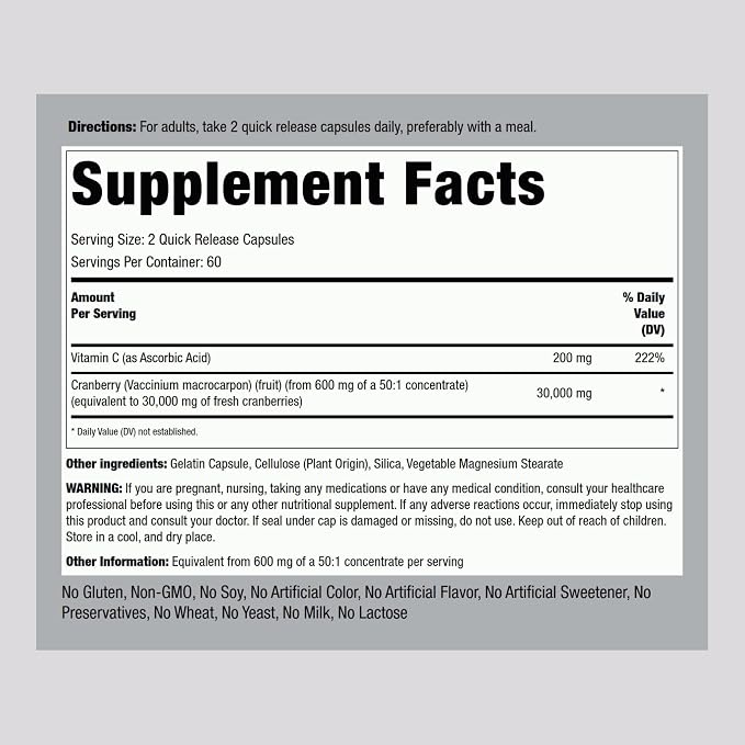 Piping Rock Cranberry Pills | 120 Capsules | Supplement for Women & Men | Triple Strength Concentrate Extract Plus Vitamin C | Non-GMO, Gluten Free