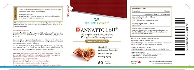 WELLNESS EXTRACT Annatto Tocotrienols 150mg with GG, Vitamin E Supplement, Tocopherol-Free, Non-GMO, Gluten Free, Antioxidant Support for Heart & Cellular Health, 60 Softgels