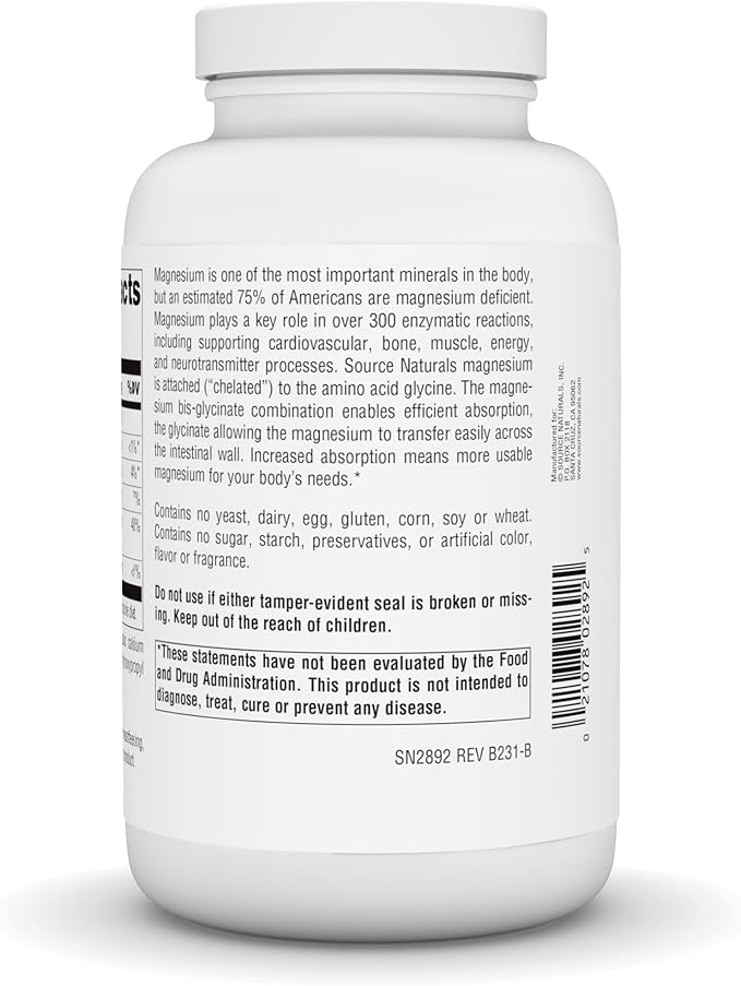 Source Naturals Magnesium Glycinate, Chelated for high Absorption | for Calm Energy, Bone & Heart Support*, 200 mg per Serving - 180 Tablets