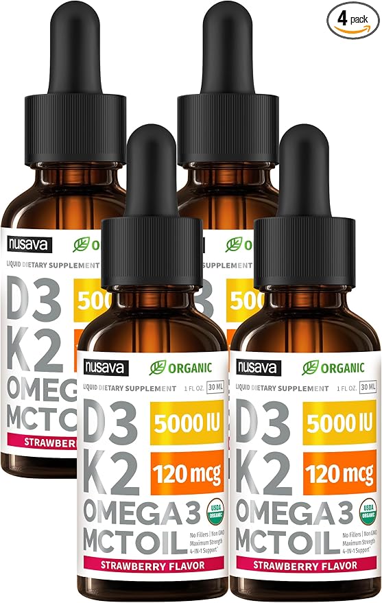 (4 Pack) Organic Vitamin D3 K2 Drops with MCT Oil Omega 3, 5000 IU - Maximum Strength Vitamin D Liquid, No Fillers, Non-GMO Liquid D3 for Faster Absorption and Immune Support (Strawberry, 4 Fl Oz)