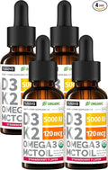 (4 Pack) Organic Vitamin D3 K2 Drops with MCT Oil Omega 3, 5000 IU - Maximum Strength Vitamin D Liquid, No Fillers, Non-GMO Liquid D3 for Faster Absorption and Immune Support (Strawberry, 4 Fl Oz)
