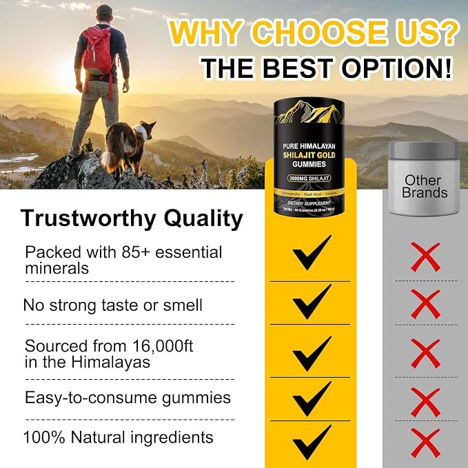 Shilajit Gummies, 3000mg Himalayan Shilajit Gold Gummies with Ashwagandha,Black Musli, Gokshura for Men & Women, Non-GMO & Gelatin Free, 60-Count