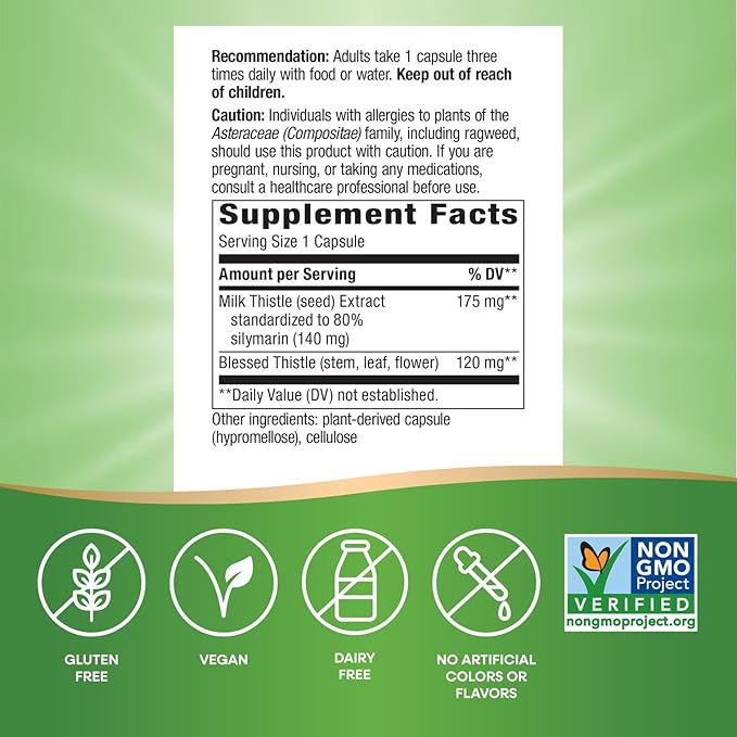 Nature's Way Milk Thistle, Supports Liver Function & Detox Pathways*, 175 mg Milk Thistle Seed Extract Standardized to 80% Silymarin per Serving, Vegan, 120 Capsules (Packaging May Vary)