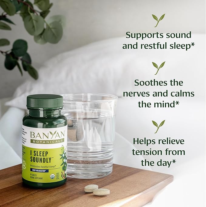Banyan Botanicals I Sleep Soundly–Organic Deep Sleep Supplement –Natural Melatonin-Free Sleep Aid for Relaxation & Nighttime Tension–with Ashwagandha,Valerian & Chamomile-90 Tablets-USDA Organic