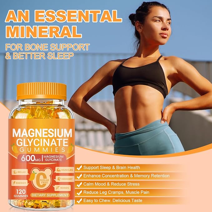 Magnesium Glycinate Gummies 600mg, Chewable Sugar Free Potassium Magnesium Gummies with Magnesium Glycinate, Vitamin D, B6 and CoQ10 for Sleep, Relaxation, Brain & Muscle, 120 Count