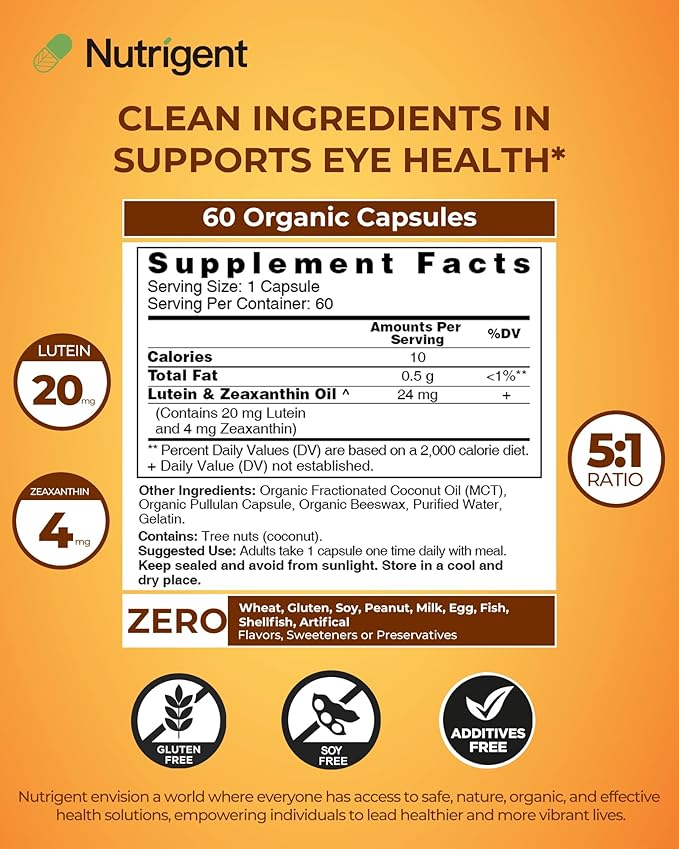 Lutein 20 mg with Zeaxanthin, Liquid Filled Organic Capsules, Eye Health Supplements, Support Vision Health, Gluten Free, Soy Free (60ct)