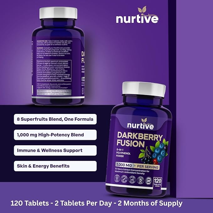 Darkberry Fusion Tablets – 1000 mg – 120 Tablets – 2 Tablets Per Day, 2-Month Supply – 8-Berry Blend with Maqui, Haskap, Aronia, Blueberry, Tart Cherry, Blackcurrant, Acai & Elderberry