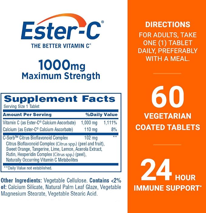 Ester-C Vitamin C, 1,000 mg, 60 Coated Tablets (Packaging May Vary)