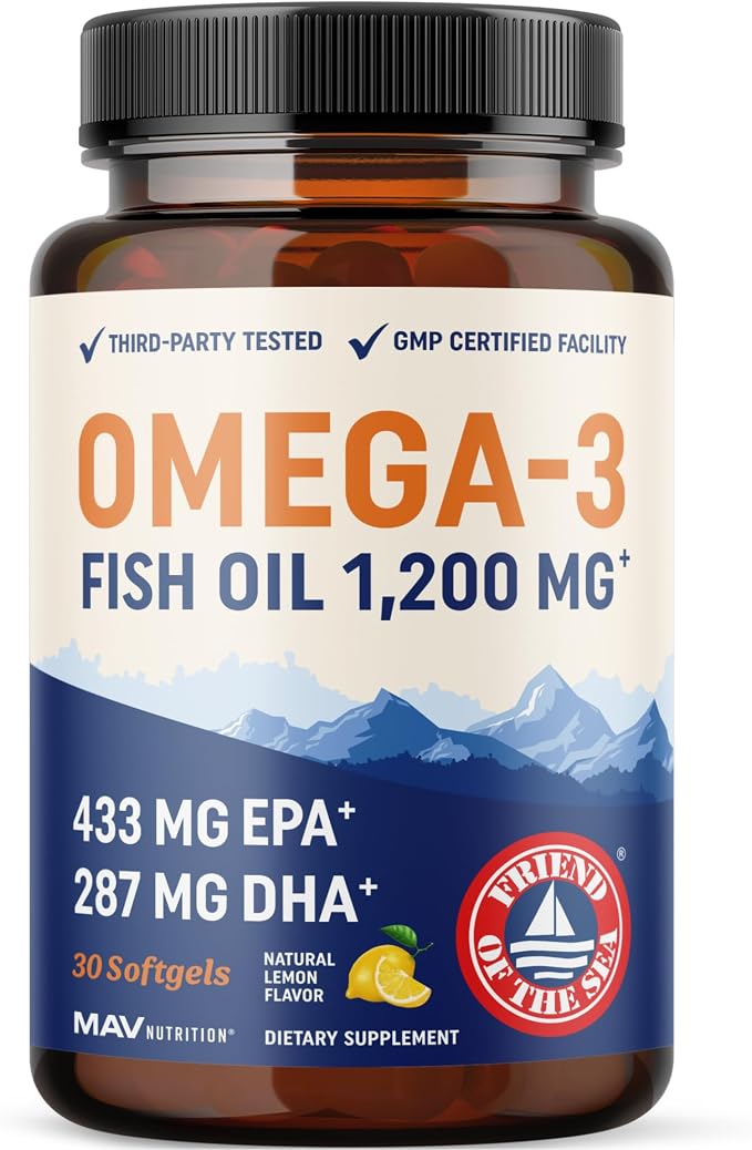 Triple Strength Omega 3 Fish Oil 1200 mg | EPA & DHA | Wild Caught, Sustainably Sourced Omega-3 Fatty Acids | Premium Burpless Fish Oil Supplements | Non-GMO, Third-Party Tested | 30 Softgels