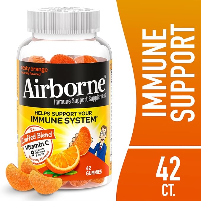 Airborne 750mg Vitamin C Immune Support Supplement Gummies for Adults, Zesty Orange Flavor, Gluten Free Crafted Blend with Powerful Antioxidants Vitamins C & E, 42 Gummies (3 Pack)