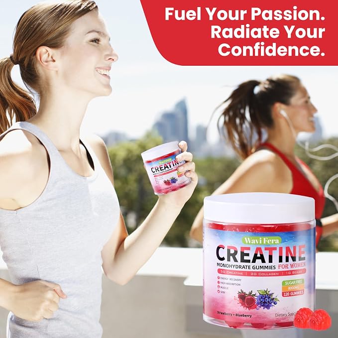 Creatine for Women,Creatine Monohydrate Gummies with Collagen+ BCAAs+Hyaluronic Acid+VitaminsC and b12,Sugar Free,Vegan,Supplement for Muscle,Skin, Hair & Nail Support, Mixed berry,120 Counts