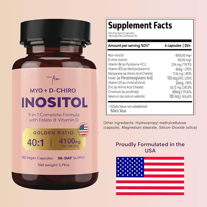 QSTA Myo-Inositol & D-Chiro Inositol Supplement for Women 4100mg (40:1 Ratio) – 9-in-1 Hormonal & Metabolic Support with Folate, Vitamin B6, B12, D3, Zinc & Chromium