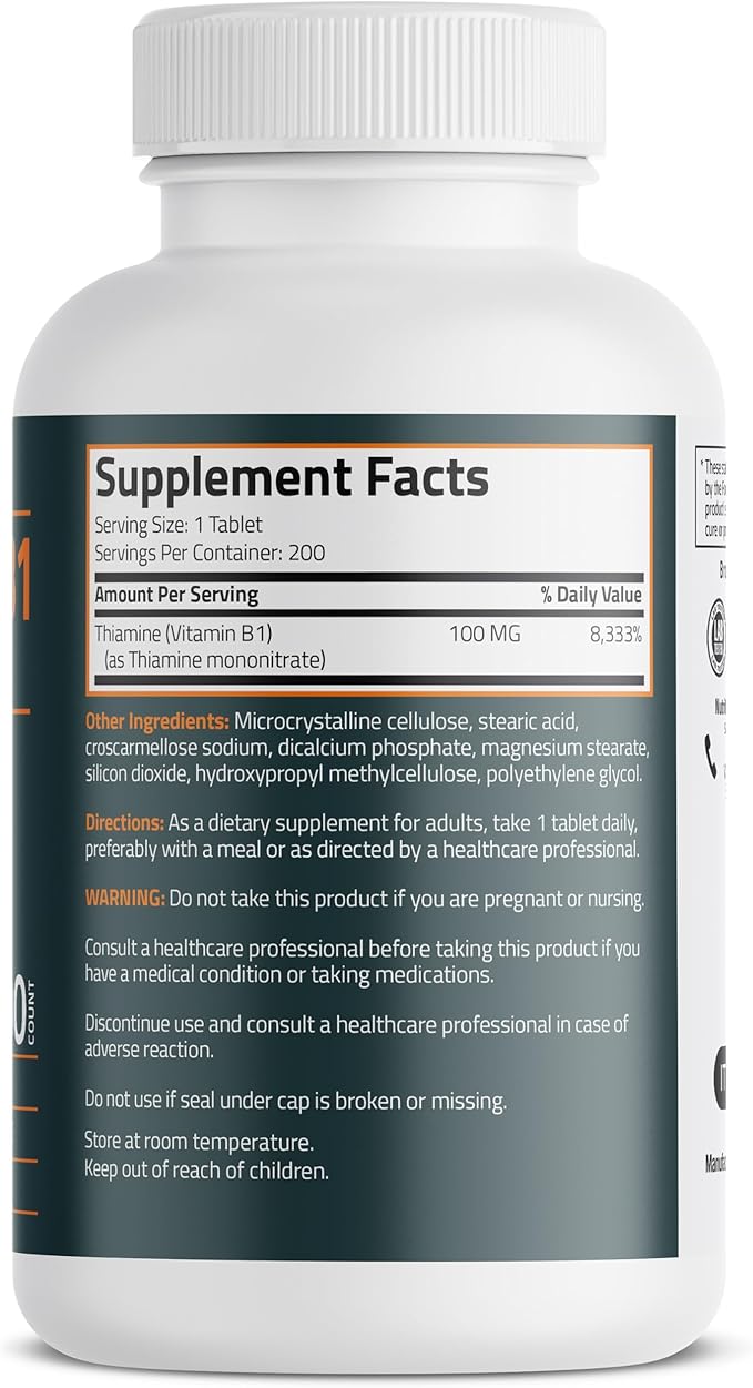 Bronson Vitamin B1 100mg, Non-GMO, 200 Vegetarian Tablets