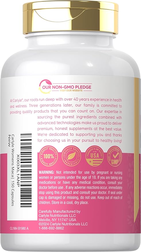 Carlyle Maca Root Capsules for Women | 150 Count | Non-GMO, Gluten Free Supplement | for Her