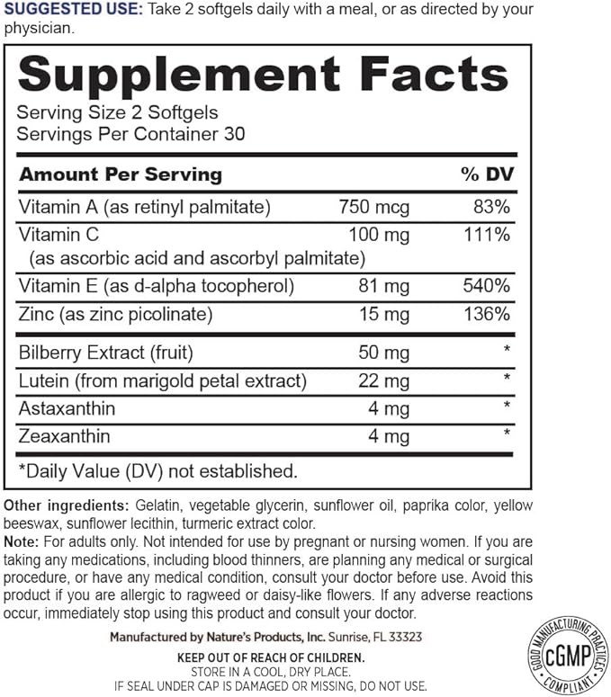 Lutein & Zeaxanthin Multivitamin Supplement - with Vitamin C, Vitamin A, Zinc, & Bilberry - 60 Softgels