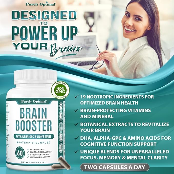 Purely Optimal Brain Booster Nootropic Supplement – Brain Support for Memory, Focus, Clarity, Jitter-Free Energy for Adults, Seniors– with Ginkgo Biloba, Alpha GPC, Lion’s Mane – 60 Capsules