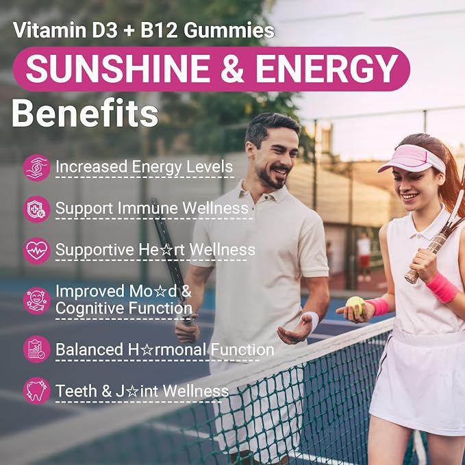 Vitamin D3 B12 Gummies, D3 B12 Vitamin for Adults, Vitamin D Supplement with Ashwagandha, Magnesium, Vitamin K2 for Immune & Energy Support