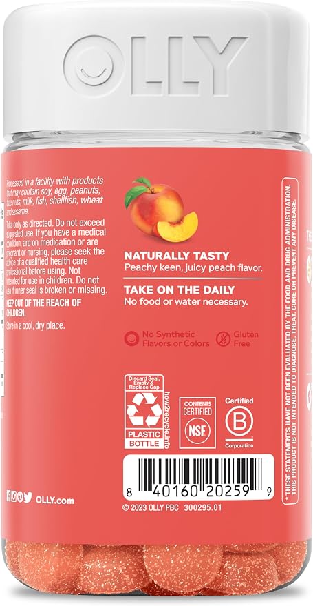 OLLY Probiotic + Prebiotic Gummy,Digestive Support and Gut Health,500 Million CFUs,Fiber,Adult Chewable Supplement for Men and Women,Peach,60 Day Supply -,60 Count (Pack of 2)