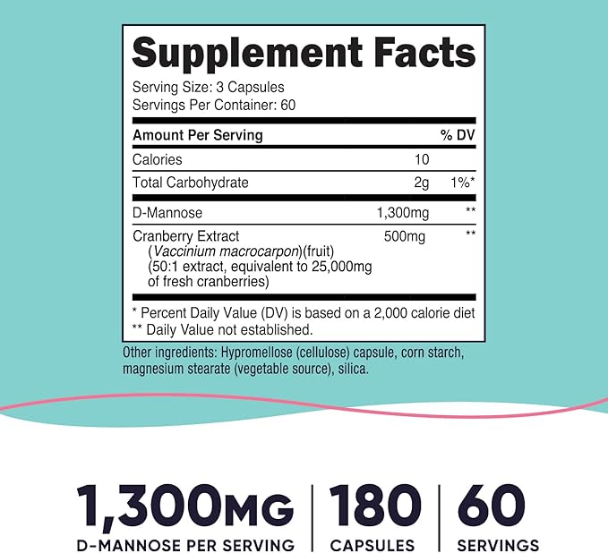 Nutricost D-Mannose with Cranberry Extract for Women 180 Capsules for 60 Servings Per Bottle - Vegan, GMO Free and Gluten Free