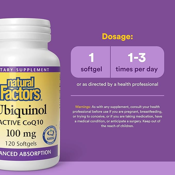 Natural Factors Ubiquinol 100 mg - Supports Heart Health & Natural Vitality - Antioxidant Support Supplement with Superior Absorption - Energy Support with Flaxseed Oil - 120 Softgels (120 Servings)