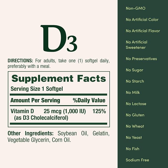 Nature's Bounty Vitamin D3 1000 IU, Immune Support, Helps Maintain Healthy Bones, 250 Rapid Release Softgels (Pack of 2)