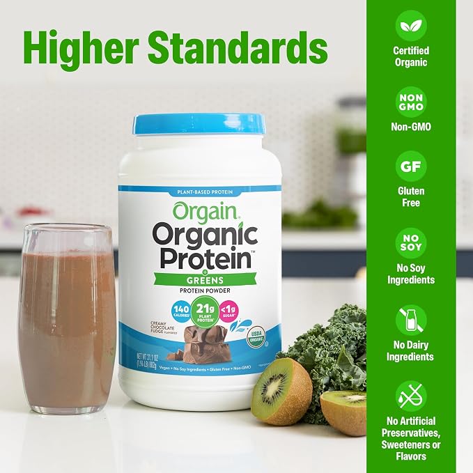 Orgain Organic Vegan Protein Powder + Greens, Creamy Chocolate Fudge - 21g Plant Based Protein, Gluten Free, Dairy & Lactose Free, Soy Free, No Sugar Added, Iron & Prebiotics for Gut Health - 1.94lb
