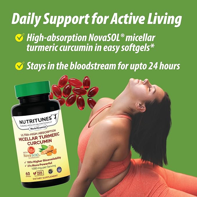 NutriCumin NovaSOL Turmeric Curcumin 1000 mg – 185× Absorption – Supports Joint Comfort & Mobility – Non‑GMO Softgels, 60 Ct.