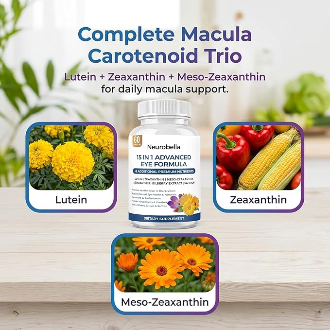 Neurobella Eye Formula - Neurobella 15 in 1 Advanced Eye Formula with All 3 Carotenoids, Lutein & Zeaxanthin, Bilberry Extract and Saffron, 60 Capsules