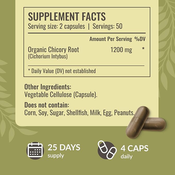 HERBAMAMA Chicory Root Fiber Capsules - 1200mg Chicory Root Powder for Gut Cleanse & Digestive Support - Vegan, Non-GMO Inulin Prebiotic Fiber Supplement