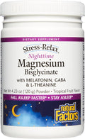 Natural Factors Stress-Relax Nighttime Magnesium Bisglycinate - Supports Sleep & Relaxation* - with Melatonin, L-Theanine & GABA - Tropical Flavor - 4.23 oz